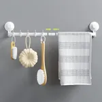 LUXEAR Suction Cup Towel Bar, 64cm / 36cm Adjustable Shower Towel Rack, No Drill & Removable Hand Towel Holder with 5 Hooks, Wall Mounted Towel Bar for Shower Bathroom Kitchen Door - White