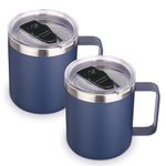 Volhoply 14oz Insulated Stainless Steel Coffee Mug with Lid Bulk 2 Pack,Double Wall Vacuum Travel Coffe Cup with Handle,Reusable Metal Thermos Tumbler,Camping Mugs Keep Hot,Christmas Gifts(Navy,2)