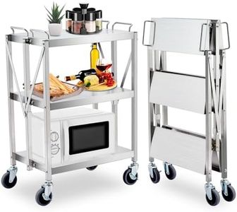 Garvee Heavy Duty Folding Utility Cart, Stainless Steel Collapsible Service Cart 133 Lbs Large Loading per Shelf, Sturdy 3-Tier Rolling Cart with Wheels Lockable for Restaurant Garage Office Outdoor