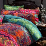 FADFAY Exotic Boho Duvet Cover Set Queen 100% Brushed Cotton Soft Bohemian Bedding Red Teal Mandala Printed Bedding Reversible Striped Zipper Bed Comforter Cover + 2 Pillowshams- Queen, 3 Pcs