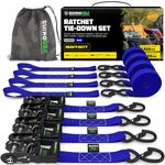 Rhino USA Ratchet Straps Heavy Duty Kit (4-Pack) - 1.6 Inch x 8 Feet (5,208lb Break Strength) - Ultimate Tie Down Straps with Safety S Hooks for Trucks, ATV, UTV, Motorcycle, Cargo & More - Blue