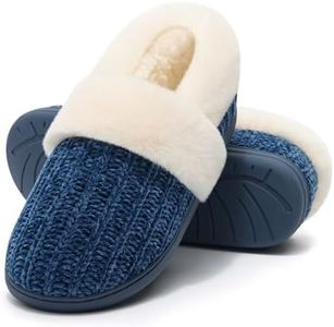 Evshine Women's Fuzzy Memory Foam Slippers, Closed Back Knit Bedroom Slippers, Slip-On Warm House Shoes for Indoor & Outdoor Comfort, Navy, 44-45 (Size 11.5-12)