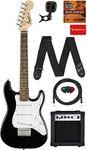 Fender Squier 3/4 Size Kids Mini Strat Electric Guitar Learn-to-Play Bundle w/ Amp, Cable, Tuner, Strap, Picks, Fender Play Online Lessons, and Austin Bazaar Instructional DVD - Black