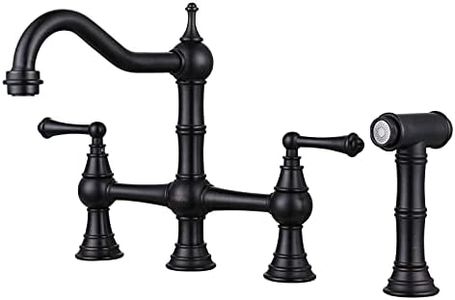 WOWOW Brass Kitchen Faucet with Side Sprayer, 8 Inch Centerset Bridge Faucet for Kitchen Sinks, 4 Hole Kitchen Faucet Bronze Vintage Farmhouse Kitchen Sink Faucet, Oil Rubbed Bronze Kitchen Faucet