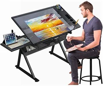 Roockky Drafting Table, 0-75° Tilting Glass Tabletop Drawing Table - Adjustable Height Art Desk with Multi-Storage and Stool for Sketching and Painting - Perfect for Artists and Hobbyists (Black)