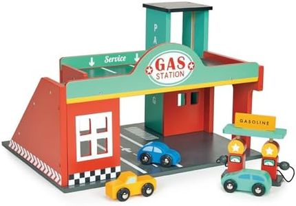 Mentari Gas Station Parking Garage - Toy Car Parking Garage and Gas Station Combo with Car Lift! This Wooden Car Garage Comes Ready to Play with 3 Toy Vehicles - Age 3Y and Up