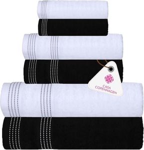 Casa Copenhagen Elegance Juego de Toallas de 6 Piezas, Blanco + Negro, 550 g/m² 2 Toallas de baño, 2 Toallas de Mano, 2 paños de Lavado de Suave algodón Egipcio para baño, Cocina y Ducha