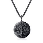 COAI Tree of Life Healing Crystal Black Obsidian Necklace Stainless Steel Box Chain 60cm