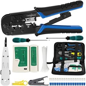 RJ45 Crimp Tool Kit for Cat5 Cat5e Cat6, Ethernet Crimper Toolkit with a RJ45 Crimping Tool, RJ45 Cat5 Connectors, RJ45 Connector Covers, Network Cable Tester, Pack of 10