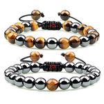 Hot And Bold Couple Beads Long Distance Bracelets with Natural Stones and Healing Properties - His & Hers Matching Set. (Braided Valor Bracelet (Tiger's Eye + Hematite))