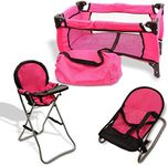 Pink Baby Doll Accessories Set - 3 In 1 Baby Doll Furniture Set with Baby Doll High Chair, Baby Doll Crib, Baby Doll Bouncer Seat, Baby Doll Bed Set for 18” Doll - Play Baby Doll Toys for 18" Dolls