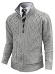 Comdecevis Men's Cardigan Sweaters Full Zip Up Stand Collar Slim Fit Cable Knitted Sweater with Pockets, Grey, Medium