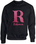 Hippowarehouse Personalised Name initial - Glitter unisex jumper sweatshirt pullover (Specific size guide in description) Black