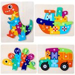 Wooden Puzzles Dinosaur Animals Jigsaws puzzle Toys for Kids 3 Year Old 4 Pack Shape Number Puzzle Toddler Crafts Gifts Educational Games for Girls Boys Children