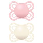 MAM Perfect Soothers 2-6 Months (Pack of 2), Thinner and Softer Baby Soothers with Self Sterilising Travel Case, Newborn Essentials, Pink (Designs May Vary)