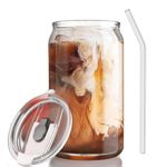 SKDBPM Can with Straw, Transparent Glass Fruit Juice Milk Sipper Tumbler Mug with Lid and Glass Straw - 540ml - Pack of 1 - Tea and Coffee Cup Can Set