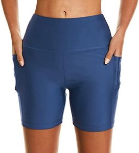 HODOSPORTS Women's 5'' Swim Shorts UPF 50+ High Waisted Board Shorts with Pockets Liner Quick Dry Swimsuit Bottoms Navy L