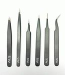 Alis Set of 6 pcs ESD Tweezers – Combo Set of Point Tip Tweezers, Pointed Tip & Flat Tip Hair Plucker, Precision for Facial Hair, Electronics Repair