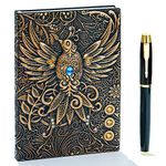 Vintage 3D Phoenix Embossed Leather Writing Journal Notebook with Gold Pen Set,A5,200Pages,Antique Handmade Daily Notepad Sketchbook,Travel Diary&Notebook to Write in,for Women Men