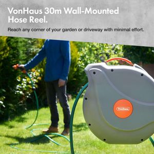 VonHaus 30m Wall Mounted Retractable Hose Reel – Auto Rewind, 8-Function Spray Gun