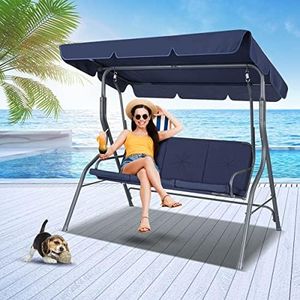 OGL Swing Chair 3 Seater Swing Canopy Waterproof Cover Swing Seat with Cushion & Canopy Garden Patio Furniture (Blue)
