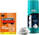 Gillette Fusion Shaving Blades- Pack of 10 (Cartridges) & Classic Sensitive Shave Foam - 418 g (33% extra)