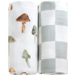 LifeTree Muslin Swaddle Blankets, Baby Neutral Swaddling Blanket for Boys Girls, 70% Viscose from Bamboo and 30% Cotton, Large 47" x 47", Checkered & Mushroom, Newborn Baby Registry