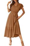 PRETTYGARDEN Women's 2024 Floral Boho Dress Wrap V Neck Short Sleeve Belted Ruffle Hem A-Line Flowy Maxi Dresses (Solid Brown,X-Large)