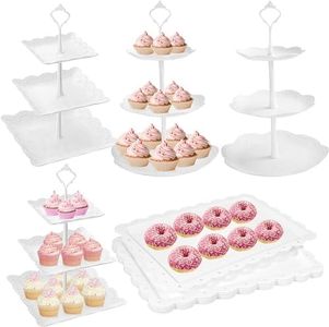 10 Pcs Cake Stand White Plastic Dessert Table Stand Set 4 Pcs 3 Tire Cupcake Display Stands Cookie Tray Rack Serving Tray Cake Display Tower and 6 Pcs Dessert Trays for Wedding Baby Shower Tea Party
