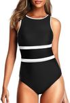 Holipick Women High Neck One Piece Mesh Swimsuits Full Coverage Bathing Suits Slimming Swimwear, Black White, Medium