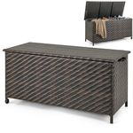 COSTWAY 320L Garden Storage Box, Waterproof Rattan Deck Box with Wheels, Handle, Zippered Liner & Gas Strut, Indoor Outdoor Patio Wicker Chest Container Table for Cushion Tool Toy (Diagonal Style)