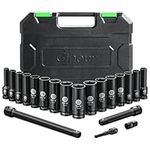 Impact Socket Set 1/2 Inch, ginour 20PCs Drive Master Deep Impact Socket Set 8mm - 24mm, Metric, CR-V, 6 Point, with 3pcs Drive Impact Extension Bar Set 3", 5",10"