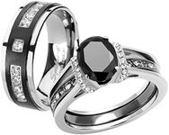 Marimor Jewelry Her and His Black Cubic Zirconia Stainless Steel Wedding Engagement Ring and Titanium Band Set Women's Size 06 Men's Size 10