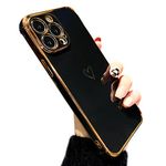 ZTOFERA Compatible with iPhone 15 Pro Max (6.7") Case for Girls Women, Flexible Silicone Protective Phone Case with Cute Love Heart Pattern Gold Edging Shockproof Bumper Cover, Black