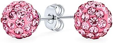 Light Rose Pink Pave Crystal Disco Ball Stud Earrings for Women Teens Round Simple Basic Design .925 Sterling Silver - 8MM Size