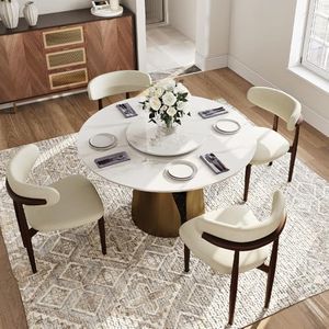 POVISON 51" Round Dining Table for 4-6, Modern Round Dining Table with 23" Lazy Susan, 51" Glossy White Sintered Stonetop with Bronze Carbon Steel Pedestal(Table Only)