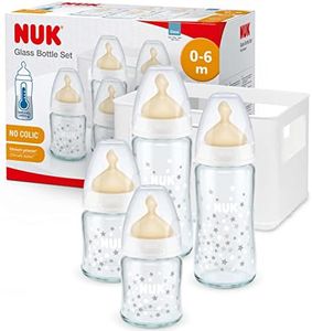 NUK First Choice+ Juego de iniciación de biberones de cristal y látex, de 0 a 6 meses, 4 botellas con control de temperatura y caja para botellas, sistema anticólicos, sin BPA, 5 piezas