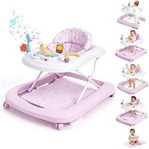 5-in-1 Foldable Baby Walker, U Shaped Push Walker with Ergonomic Seat, Adjustable Height & Rear Wheel Speed, Music Light Educational Toy, Portable Activity Center for Baby Boys Girls 5-18 Months(Pink)