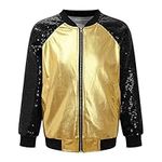 inlzdz Kids Boys Girls Long Sleeve Sequin Bomber Jacket Hip-hop Jazz Street Dance Tops Lightweight Coat Dance wear Costume Sequins Gold 9-10 Years