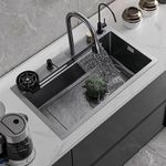 CROCODILE Nano Black Single Bowl Smart Kitchen Sink, 304-Grade Stainless Steel, 24x18x9 inches, Matte Black Finish, with Integrated Waterfall, Cup Washer, Drain Basket, RO Tap and Pull Out Faucet
