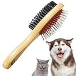 Wooden Dog Brush for Grooming Double Sided Pet Hair Grooming Brushes Shedding Messaging & Cleaning 2 in 1 Pin & Bristle Soft Dogs Comb Brush for Dogs & Cat Long or Short Haired