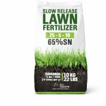 Slow Release Lawn Fertilizer 25-5-10 NPK - 65% Granular Nitrogen Formula for Deep Feeding up to 110 Days - 10kg (22lbs) Bag - Kid & Pet Safe Lawn Care for Lush Green Grass