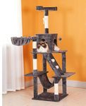 PetVogue Cat Tree with Scratching Post & Interactive Cat Toy, Multi-Level Tower with Hammock, Top Perch, condo Home & Play House Suitable for Indoors (Dark Grey Plush Cat Tree Condo), Wood Furniture