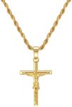 HELLOICE Crucifix Cross Necklace 18K Gold Plated Cross Pendant with 3mm 22" Rope Chain for Men Women (Crucifix Cross)