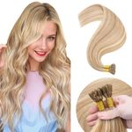 Elailite I Tip Hair Extensions Real Human Hair Straight Remy Hair Cold Fusion (Micro Rings Beads Not Inclued) - 100 Strands 50g (#12/613 Golden Brown Mix Bleach Blonde, 18 Inch)