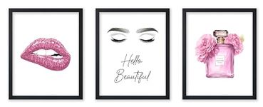 Poster Master 3-Piece Fashion Poster - Hello Beautiful Print - Pink Glitter Lips Art - Perfume Art - Gift for Men, Women & Fashionista - Glam Decor for Bedroom or Living Room - 8x10 UNFRAMED Wall Art