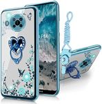 B-wishy for Nokia x100 Case for Women, Glitter Crystal Butterfly Heart Floral Slim TPU Luxury Bling Cute Protective Cover with Kickstand+Strap for Nokia x100 (Butterfly Blue)