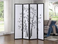 Roundhill RD043BK Bamboo Print 4-Panel Framed Room Screen/Divider, Black