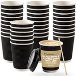 Nationwide Paper Coffee Cups with Lids, Insulated Ripple Hot Paper Cups, Disposable Cups for Takeaway Hot Drinks, (12oz-50 Pcs, Black)