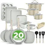 NutriChef 20-Piece Non-Stick Bakeware and Cookware Set - Utensils Including Pots and Baking Pans Made with Durable Aluminum, Tempered Glass Lids, Heat-Resistant Utensils, Easy-Clean Design (White)